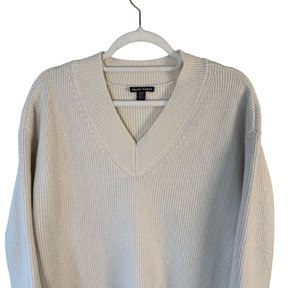 Hilary Radley V-Neck Cream & Silver Metallic Sweater Size M Shimmer Neutral - Picture 11 of 14